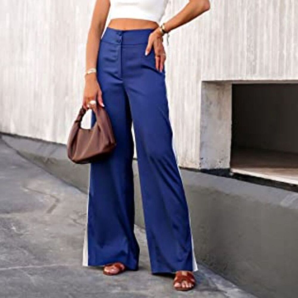 lucyswhims The Drop Blue and White Shiny Elastic Waist Wide Leg Pants Size M